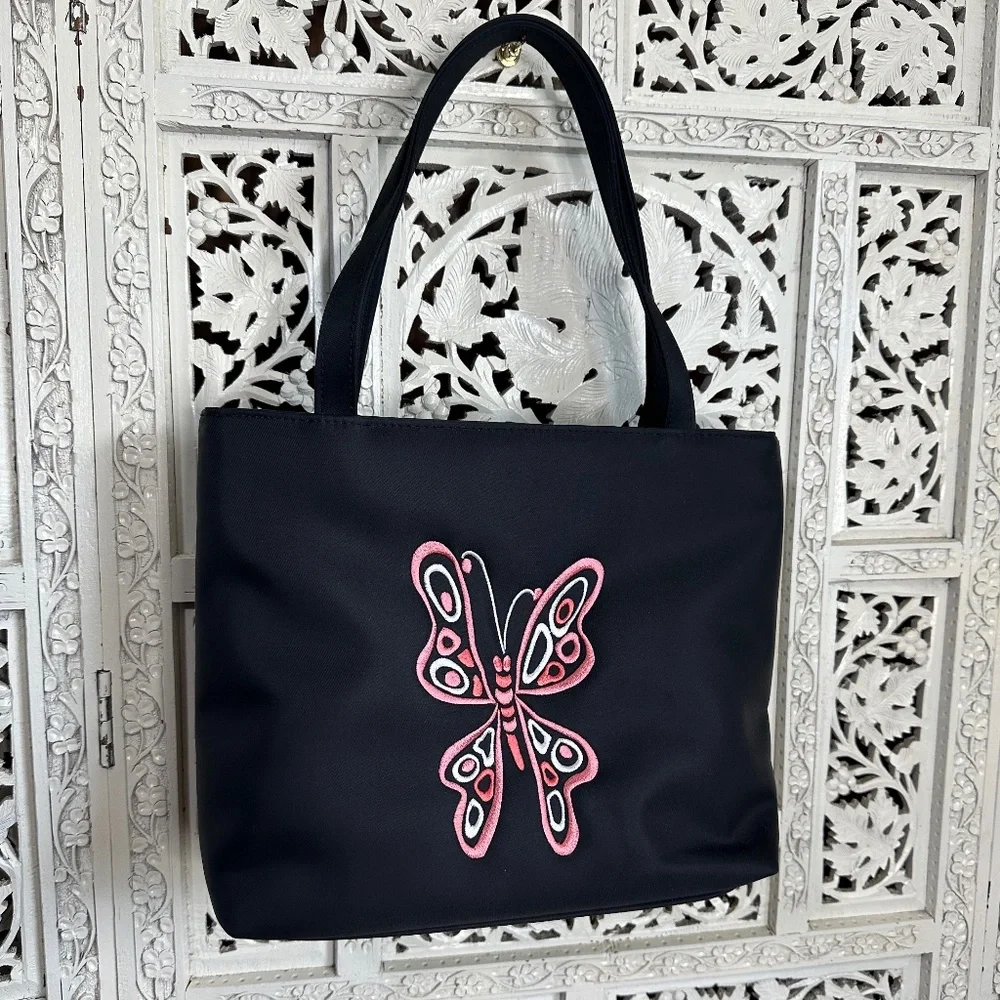 Bob Mackie Wearable Art Embroidered Pink & Black Butterfly Small Tote Bag‎